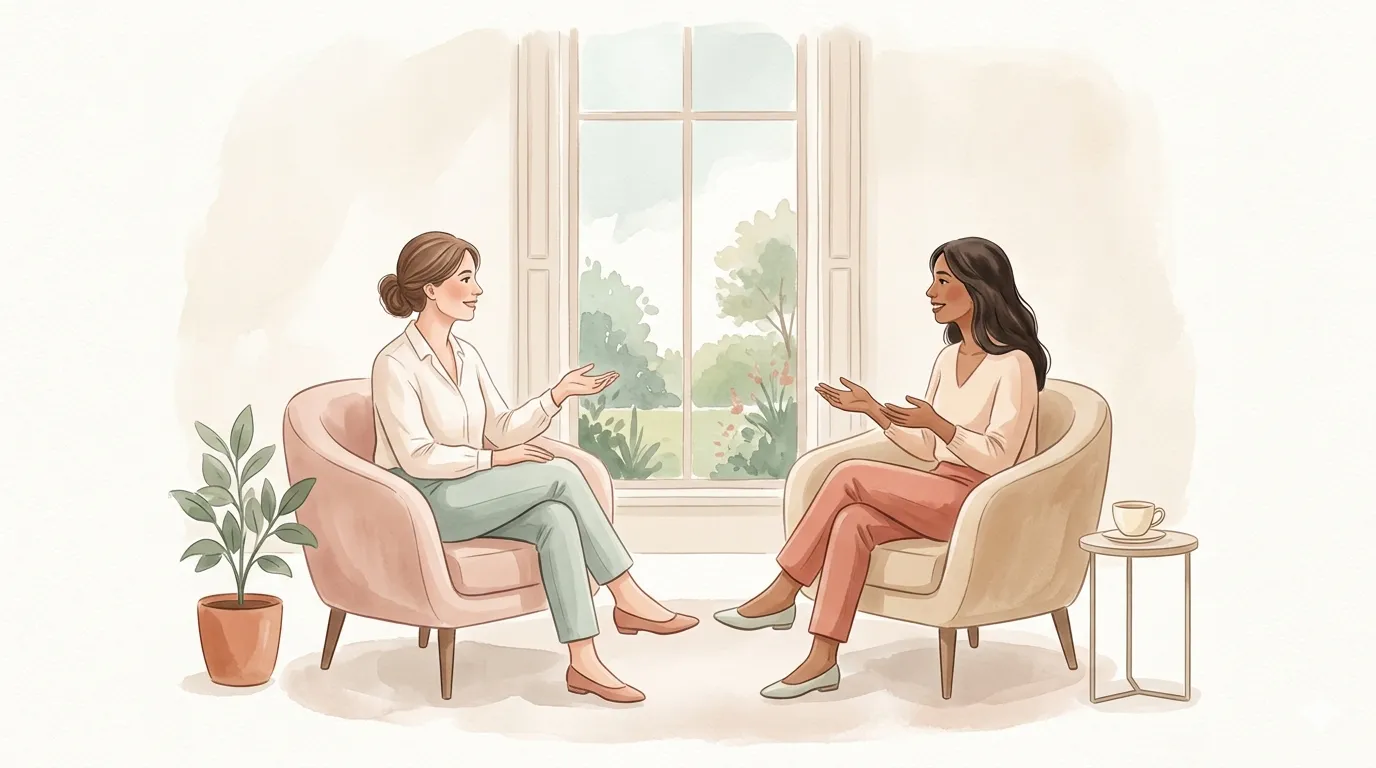 A warm illustration of a therapist and client in conversation