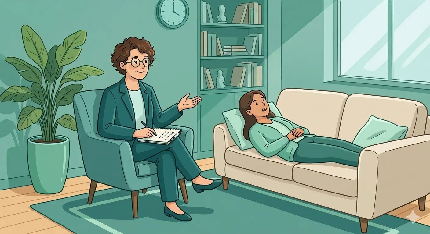 Therapy illustration with a compassionate therapist and client